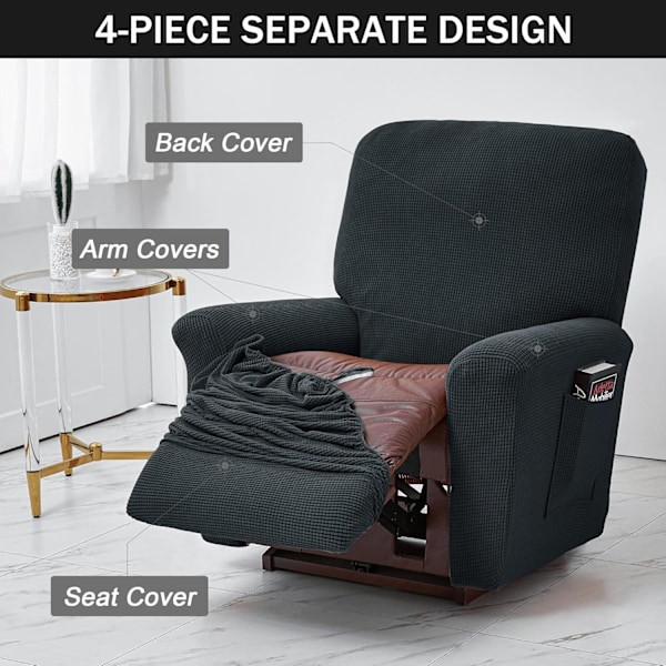 Stretch Recliner Fåtöljöverdrag, 4-Delar Mjuk Soffaöverdrag med Fickor (Svart)