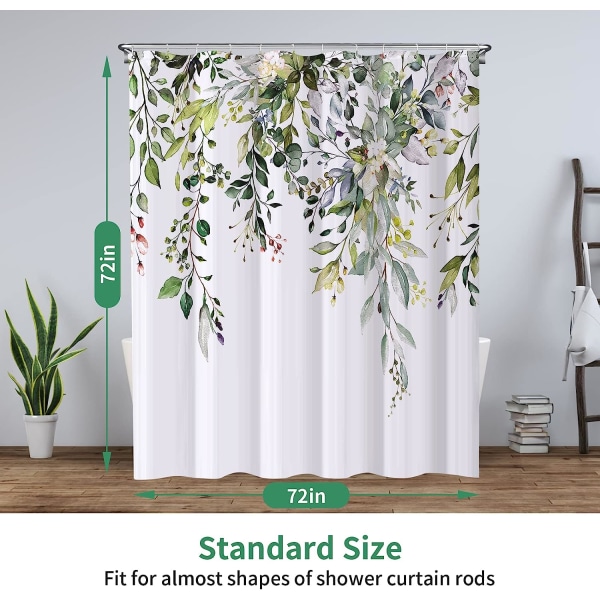 Blomster bruseforhæng med 12 kroge, vandtæt polysilicium bruseforhæng, maskinvaskbar, hurtig tørring, 180x180cm til badekar eller badeværelse (grøn)