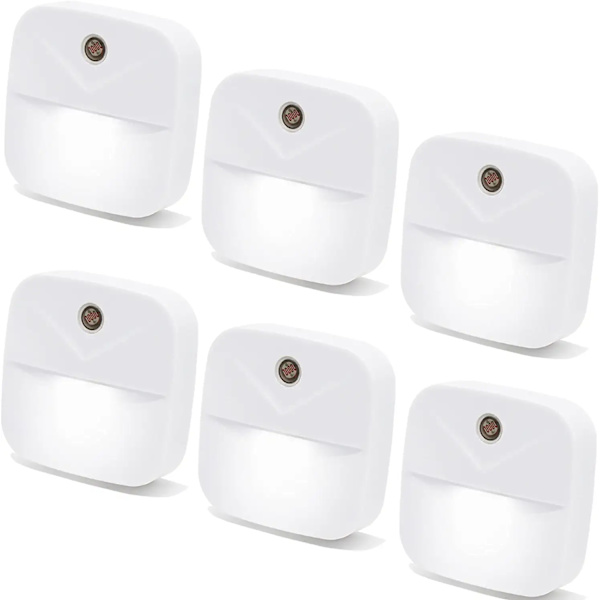 6 stk. natlys med stik, hvide LED-natlys med smart skumringssensor