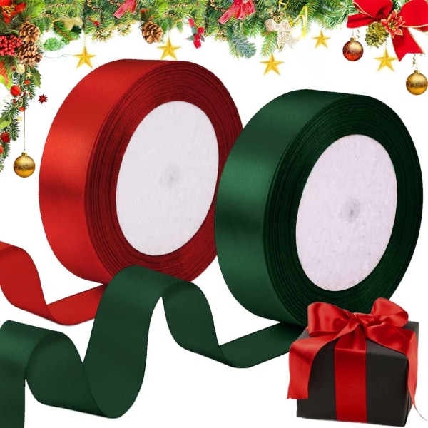 Juleinnpakningsbånd, 2 ruller med bånd, mørk rød, grønn, f
