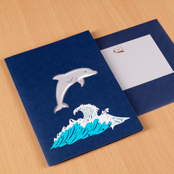 3D Dolphin pop-up kort, fødselsdagskort, konvolut inkluderet, født