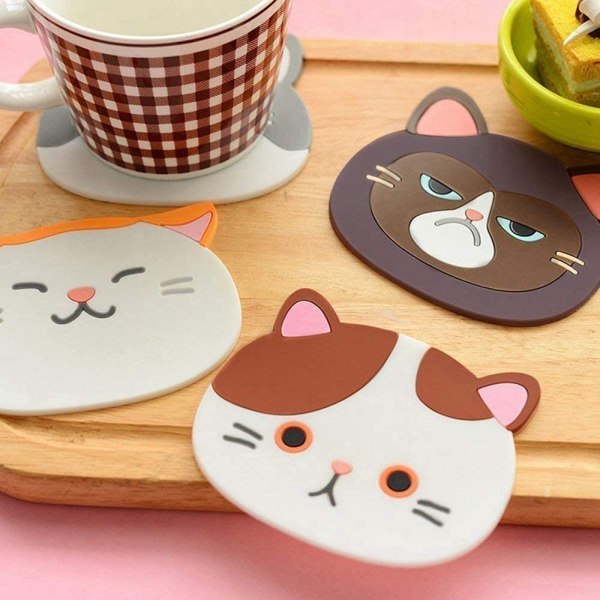 6 stk Cute Cat Cup Coaster Matte Silikongummioverflate for Wi