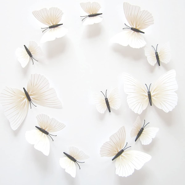 12 pakke sommerfuglklistremerker (hvit), 3D sommerfuglformet veggstikk