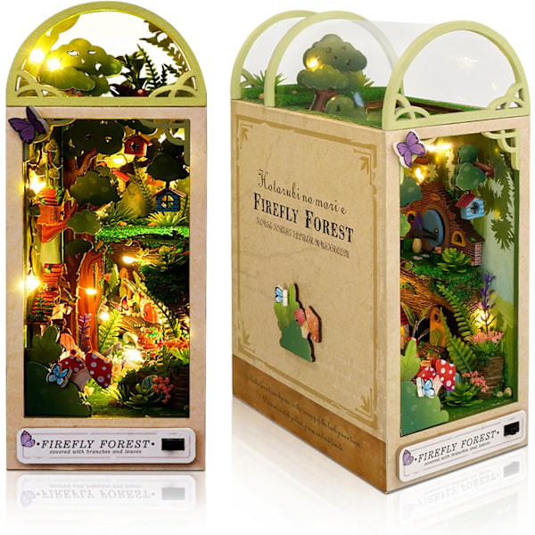 DIY Bokhörna Kit - Miniatyr Trähus med Möbler och LED-Ljus - Eldfluge-Skog