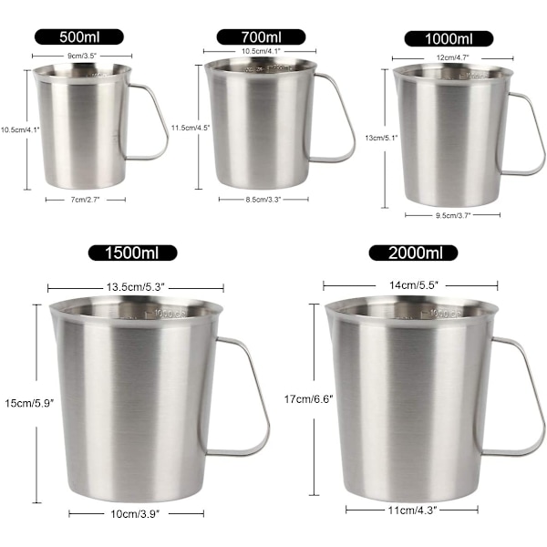 (Sølv-Rustfrit-2000ml) Kande Målebæger 304 Rustfrit St