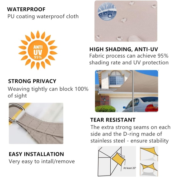 Rektangulær skygge sejl, 3x3m, vandtæt, anti-UV, vandtæt an