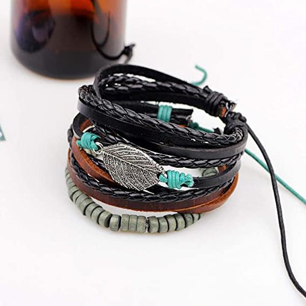 Herrar Armband Set Läder Flätad Pärlor Pack Justerbar