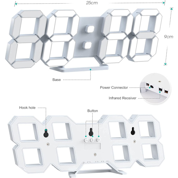 Hvid 3D LED Digital Væg Ur Stort Lysende Alarm Ur Støj