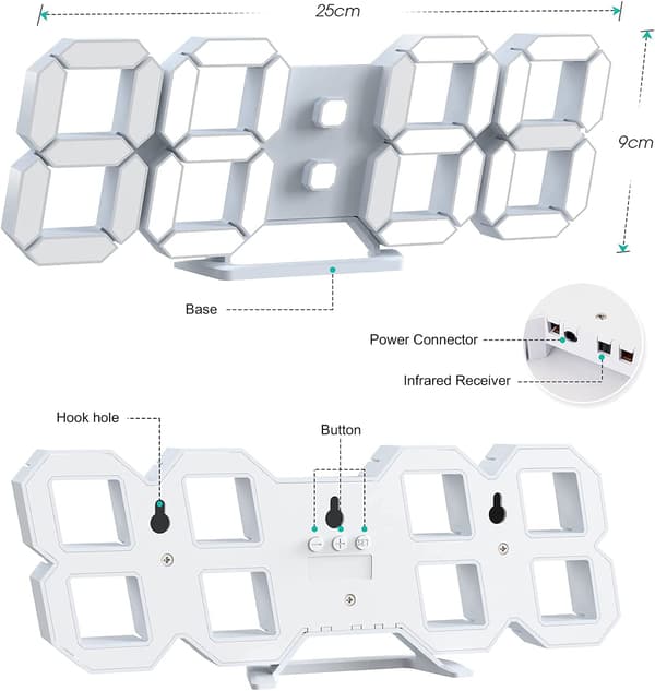 Vit 3D LED Digital Väggklocka Stor Ljuslarm Klocka Ljud