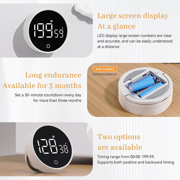 Digital Kökstimer (Vit) - Visuell Timer Stor LED-Display Magnetisk Ställning Nedräkningstimer Justerbar Volym och