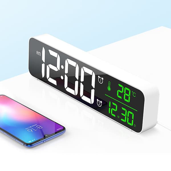 Vit digital väckarklocka, väggklocka morgonlarm LED digital