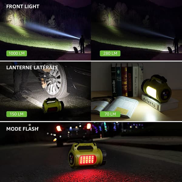 LED-campinglys, oppladbar lommelykt, 5 lysmoduser 1000lm,