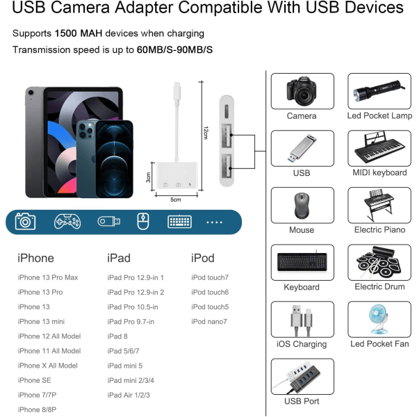 iPhone USB-kamera, 3 i 1 iPhone USB-adapterbelysning USB OTG Fe