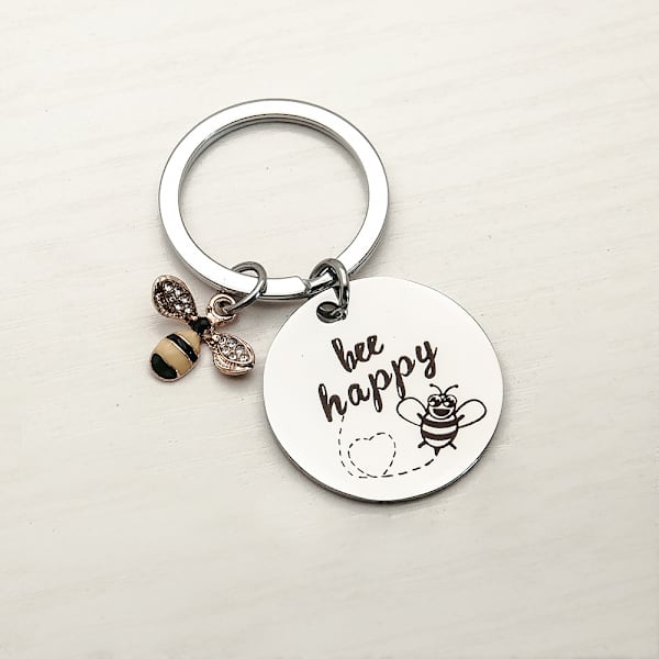 Dame nøkkelring \"Bee Happy\" nøkkelring nøkkelkjede (sølv rhineston