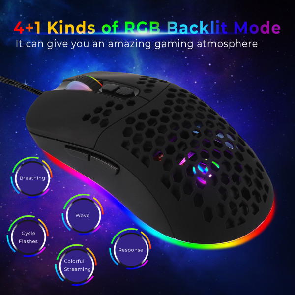 Type-C kablet lettvekts 5 RGB bakgrunnsbelyst mus 7200DPI Compute