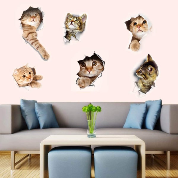 6 STK 3D veggklistremerker selvklebende katter, veggdekor for barn/fjerning