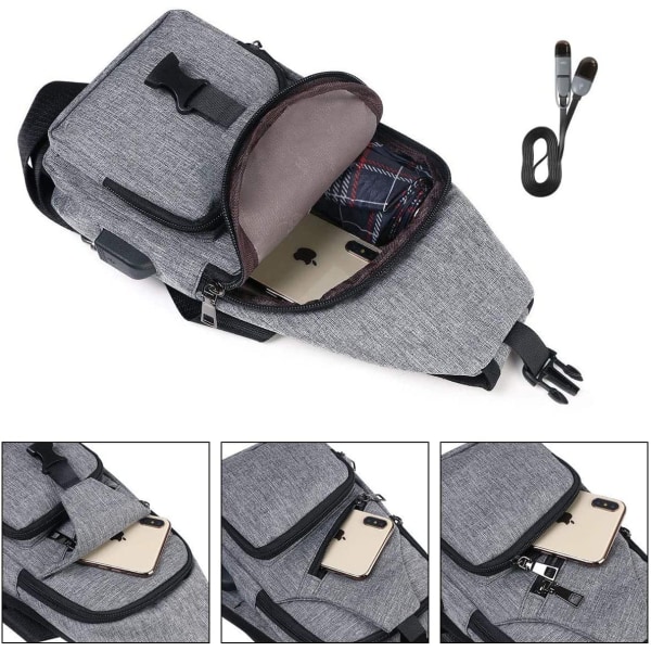 Axelväska för män, bröstväska med USB laddning och hörlurar