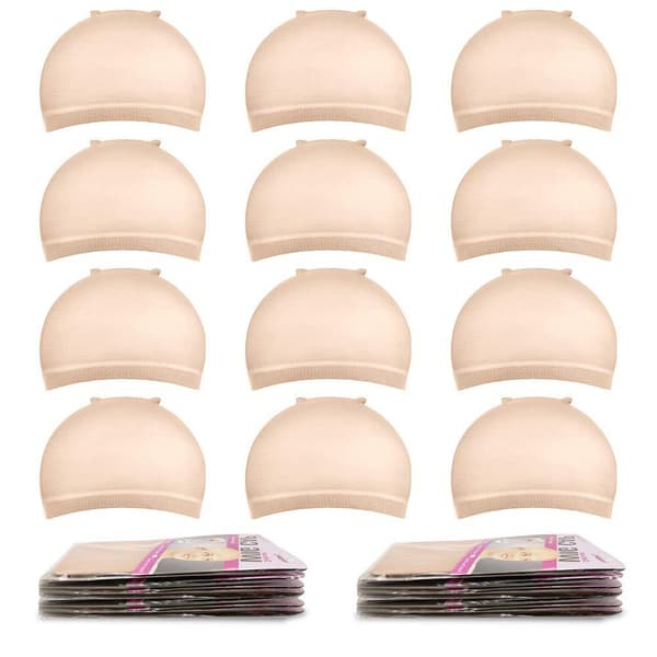 Paket med 12 perukmössor med öppen ände, nätfoder, vävmössa (beige)