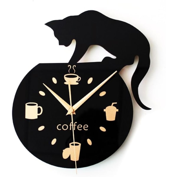 Cartoon style wall clock with climbing cat graphic, coffee cup an