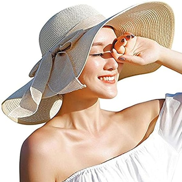 Beige - Damhatt Linje Bred Brätte Halmhatt Solskydd Andas