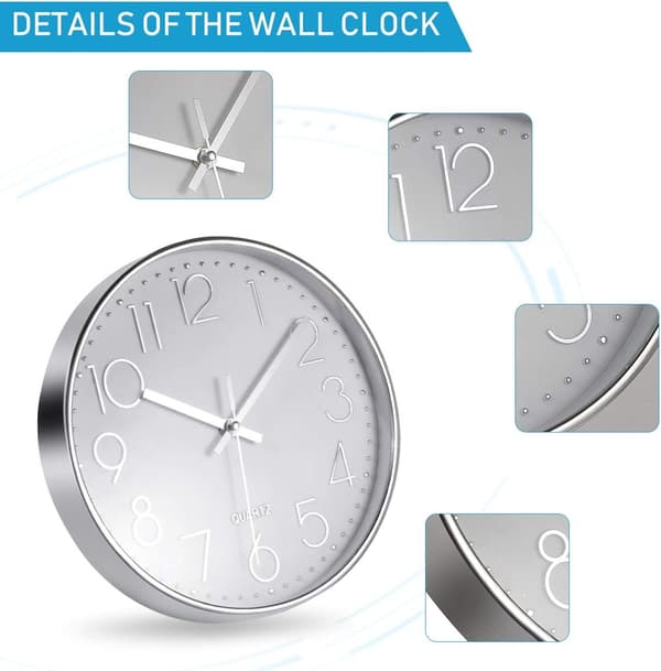 (20cm/12'', Silver) Premium Silver Väggklocka, Väggdekor, Modern Tyst Väggklocka för Kök Hemmakontor