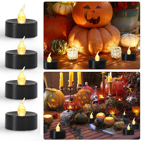 12-pakks LED-lys (svart), flammefri telys, flimrende elektriske lys, innendørs og utendørs stemningsdekorasjon for Halloween, bryllup, fester (2) E
