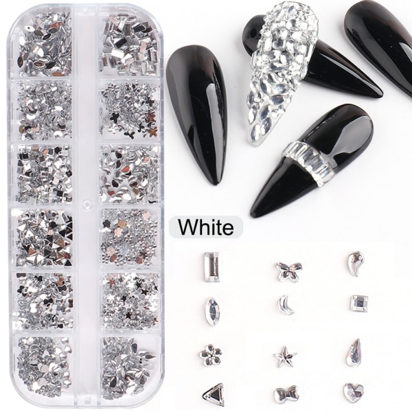 One Set (White) Nail Art Jewelry 12 Grids Fancy Heart Star Resin