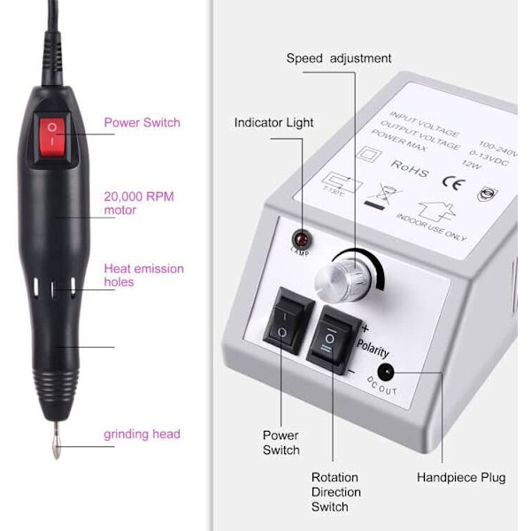 Elektrisk neglesliper, elektrisk manikyr neglmaskin elektrisk manikyr og pedikyr neglsliper med 6 slipetips for salong + slipering