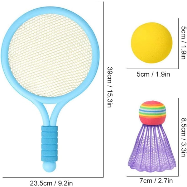 Blått tennisracketsett for barn, 2 tennisracketer, 1 badminton b