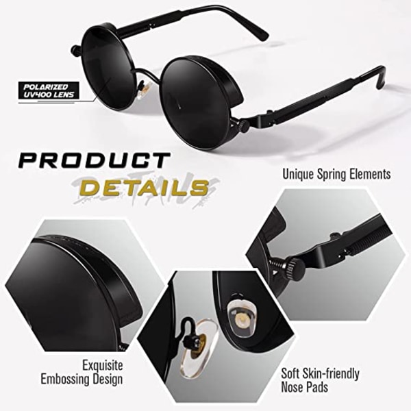 Polarisert rund retro metallramme Steampunk solbriller for menn a