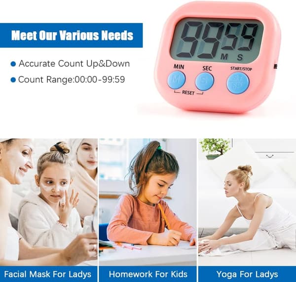 Pink magnetisk køkkentimer med stort LCD-display, timer til co
