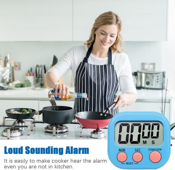 Blå magnetisk køkkentimer med stort LCD-display, timer til co