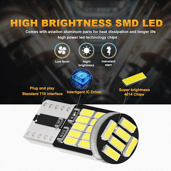 10 stk dekoding lampe T10-4014-26smd superlys LED bred