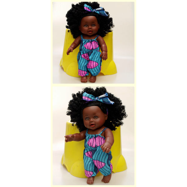 12 tums svart docka (rosa gröna hängslen), baby girl docka afric
