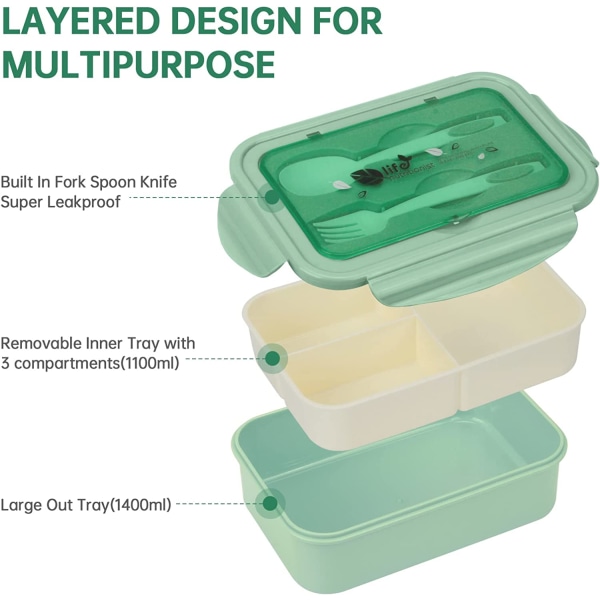 Grøn - Madkasse med gaffel og 3 rum 1400ml pengeskab og l