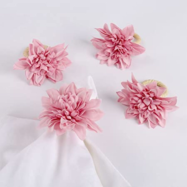 Handgjorda blomservett-ringar, set om 6, konstgjorda rosa dahlia-servett-ringar