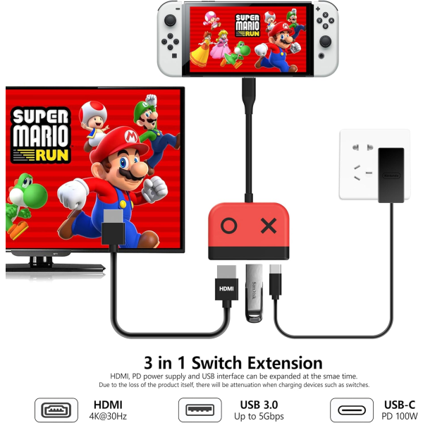 (Rød) Switch Dock for Nintendo Switch OLED, 3-i-1 TV-adapter med 4K HDMI, USB 3.0-port, 65W Type-C PD-lading, bærbar reiseadapter for Nintendo Switch/Switch OLED