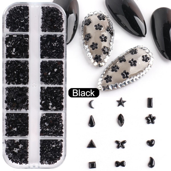 Ett set (svart) nagelkonst smycken 12 rutnät Fancy Heart Star Resin