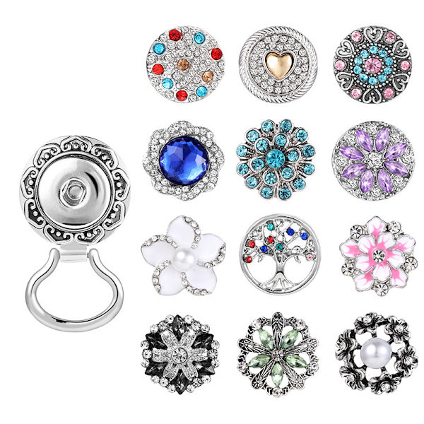 Diamant Brosche + 12 Farvede Knapper, Magnetisk Brilleholder Broo