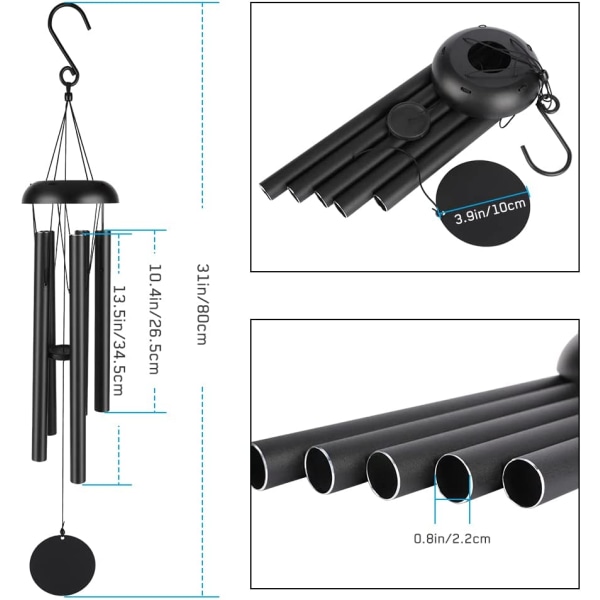Svart - 1 st utomhus vindklocka, 80 cm minnesvindklocka, la