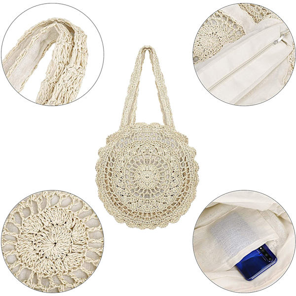 Rund Halm Taske Kvinders Sommer Strand Taske Hæklet Crossbody Med