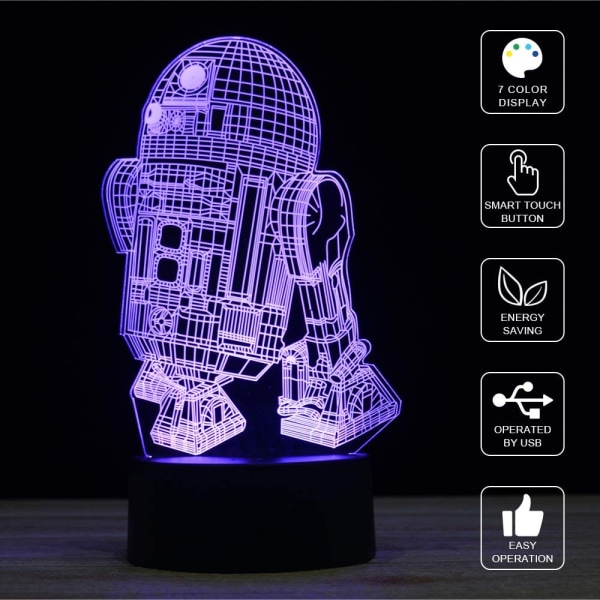 3D Illusion LED Robot Natlampe, 7 Farve Gradient Touch Switch