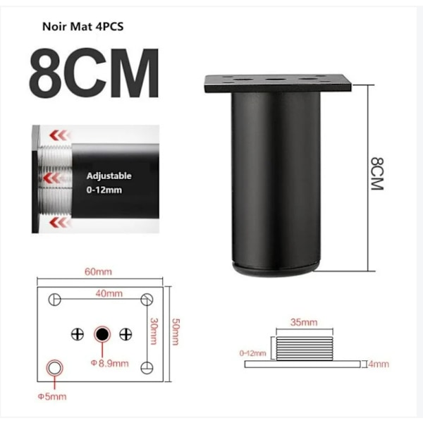 (Sort) 4 Matte møbelben, 80mm aluminium, TV-skab ben, s