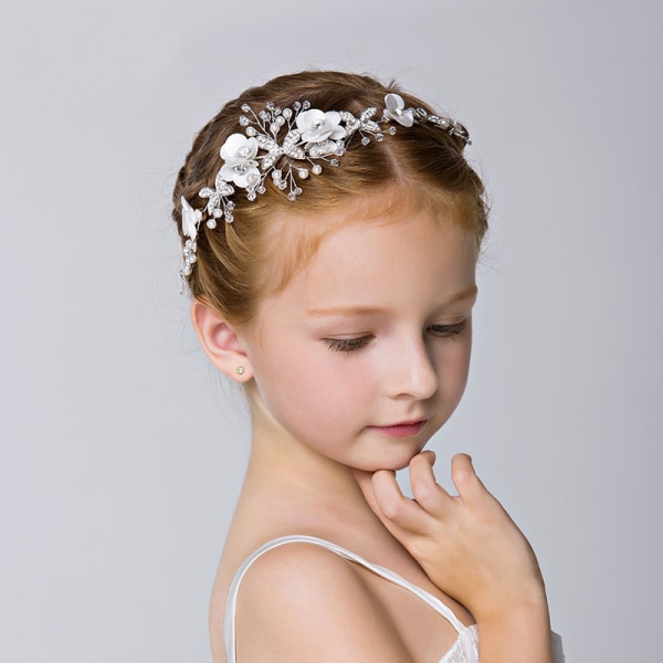 Valkoinen Princess Flower -päähineet morsiuskristallihelmihiusmekko W
