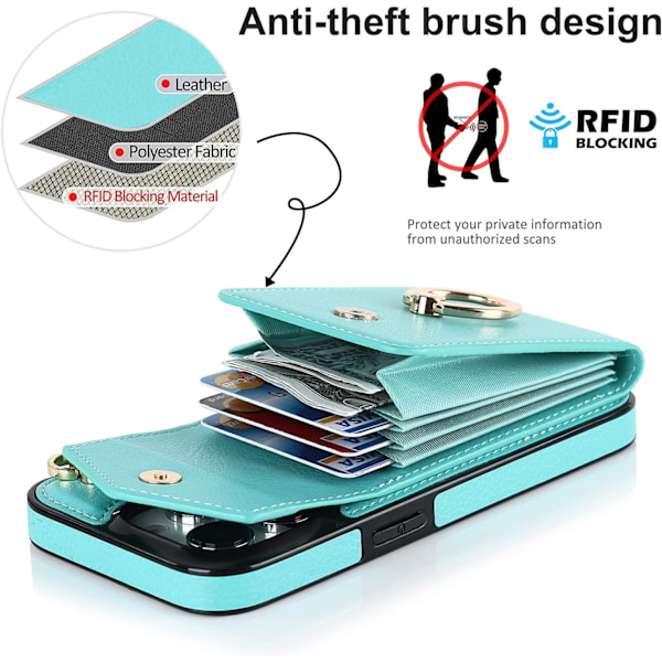 Kompatibelt iPhone 15 Pro Max Cover 6,7 tommer, minimalistisk wallet cover med ringstøtte og skulderrem - Blå