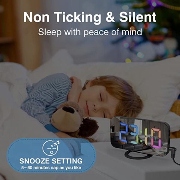 Sort, vækkeur med dæmpbart LED-display, digitalt ur, digitalt vækkeur med farvefonter, alarm, snooze, sengeur til soveværelsesindretning, ur