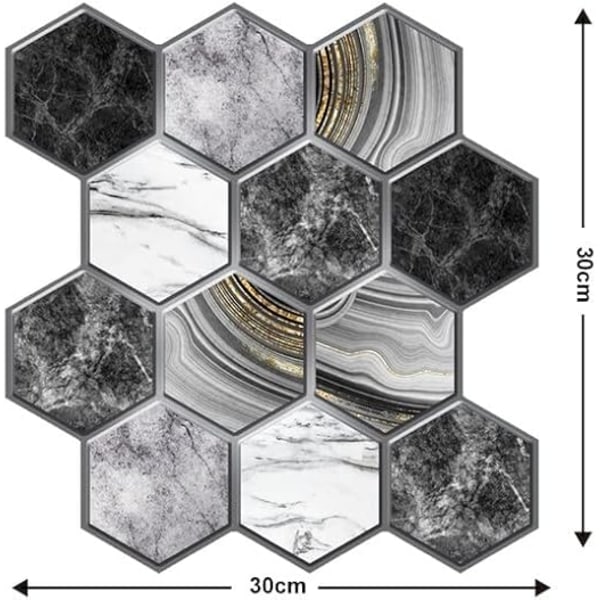 Itseliimautuvat 3D-seinätarrat, paksuus 0,4 cm (erä 30x30 cm, 4 kappaletta) - Marmoroitu harmaa kuusikulmio