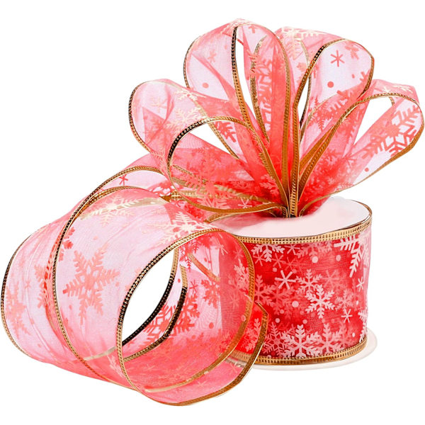 Punainen organza-lahjanauha - 10m x 6,3cm punainen langallinen joulunauha kimalteella ja lumihiutaleilla joulukoristeluun - leveät nauhat joululahjojen paketointiin ja koristeluun