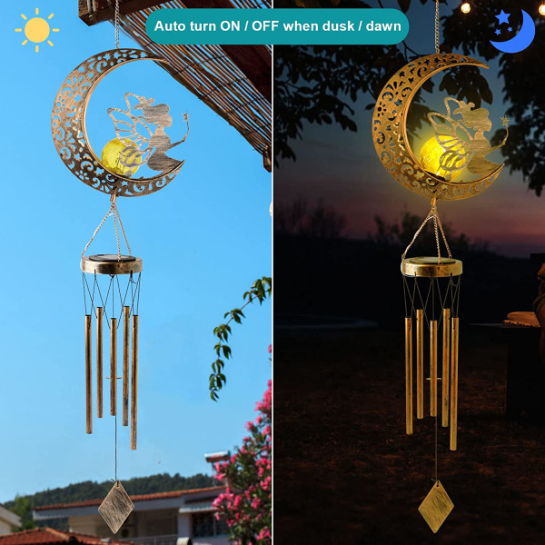 Solar Wind Chimes Moon Fairy Hanging Outdoor Decor Crackle Glass