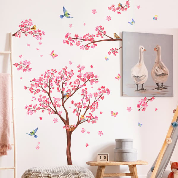 decalmile Pink Blossom(Tree H: 90cm) Tree Wall Decals Birds on B
